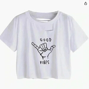 Women's Short Sleeve Graphic Print Distressed Ripped Crop Top T Shirt XL